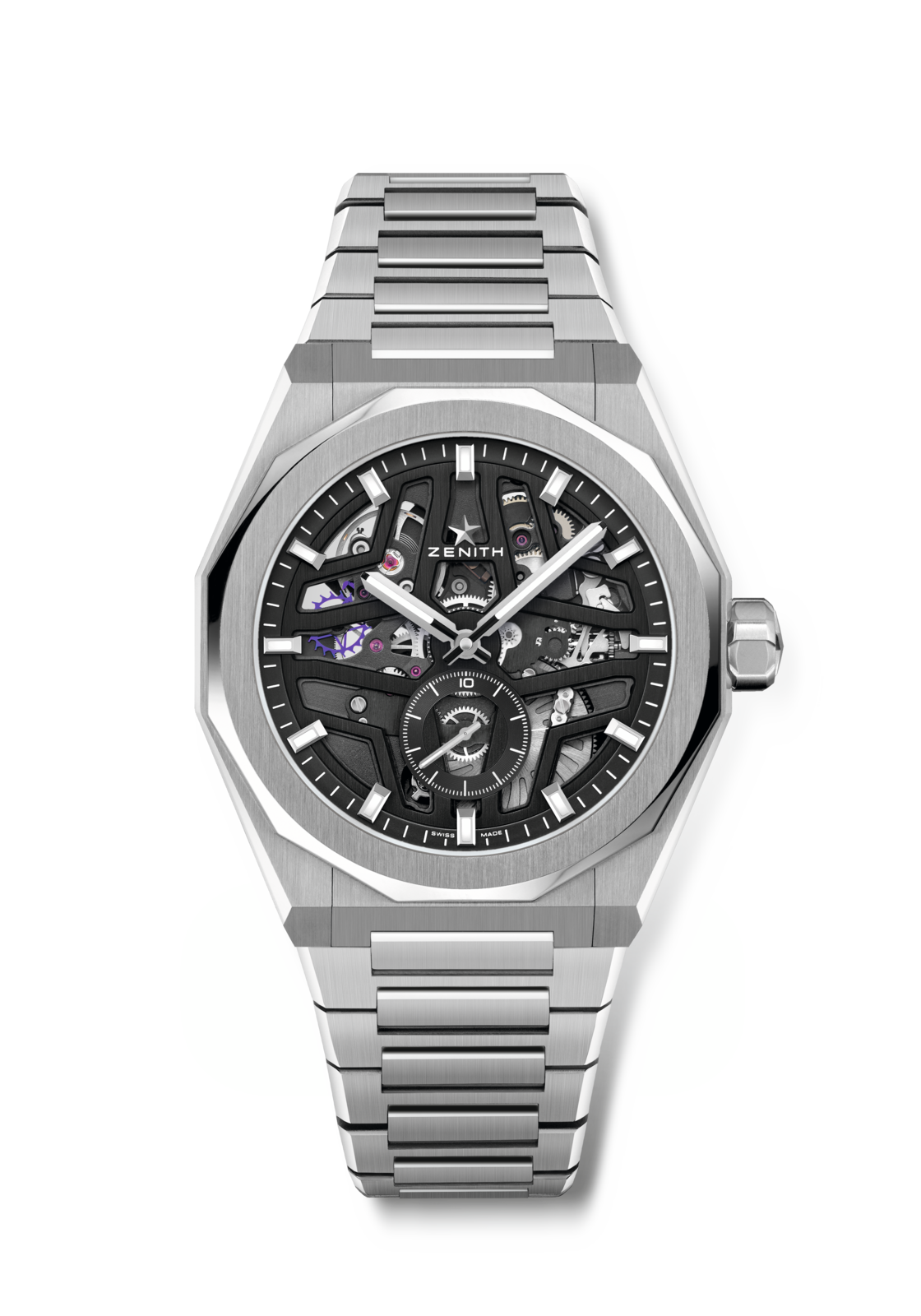 DEFY Skyline Skeleton steel automatic watch with black open dial 