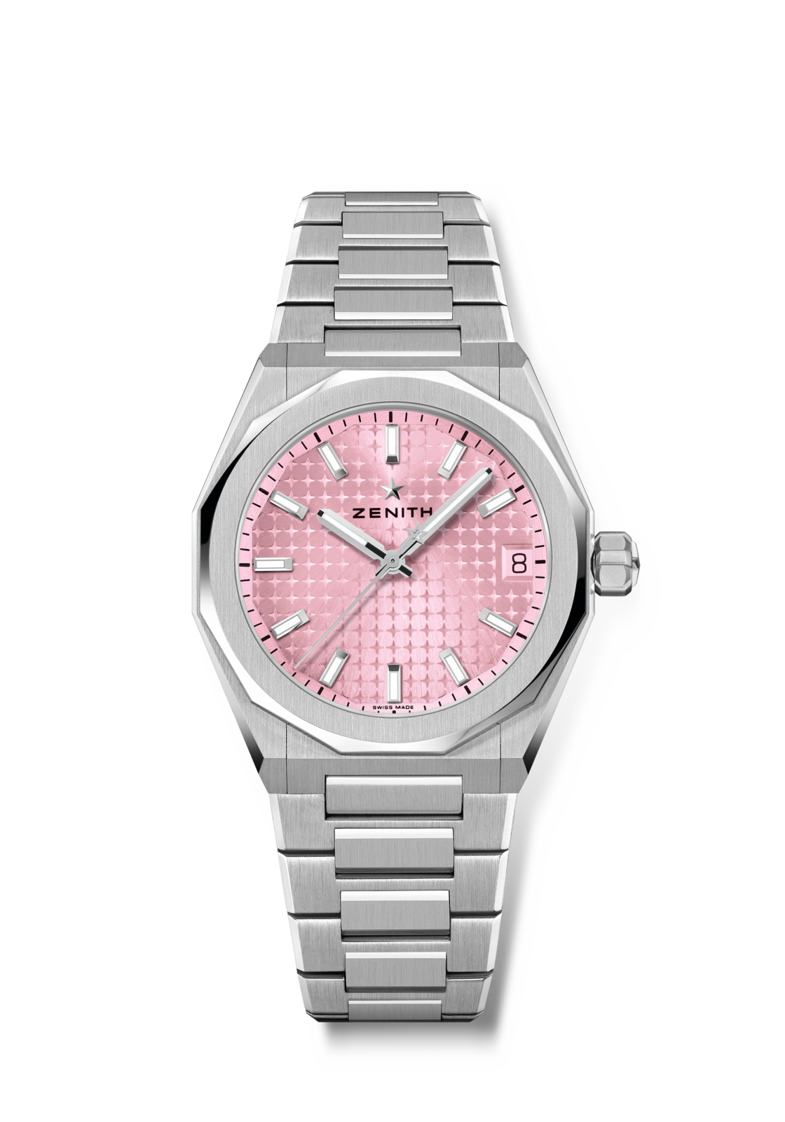 DEFY Skyline 36mm steel automatic watch with pink patterned dial and